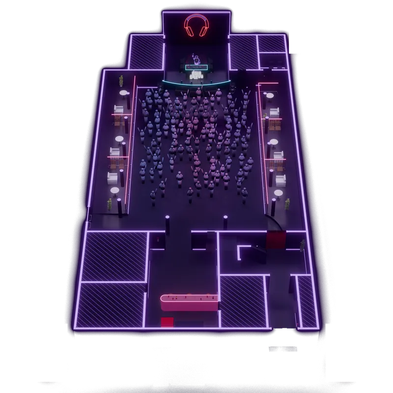 Mapa do clube: cabine do DJ no topo, pista no meio com camarotes dos dois lados, bar e entrada embaixo